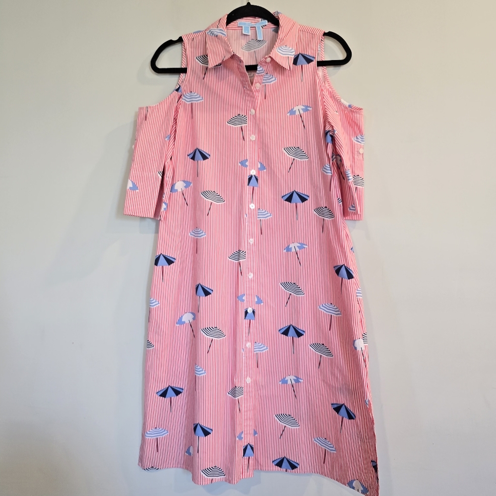 DRAPER‎ JAMES Pinstripe Umbrella Shirtdress Red Cold Shoulder 6 NO Belt.C71